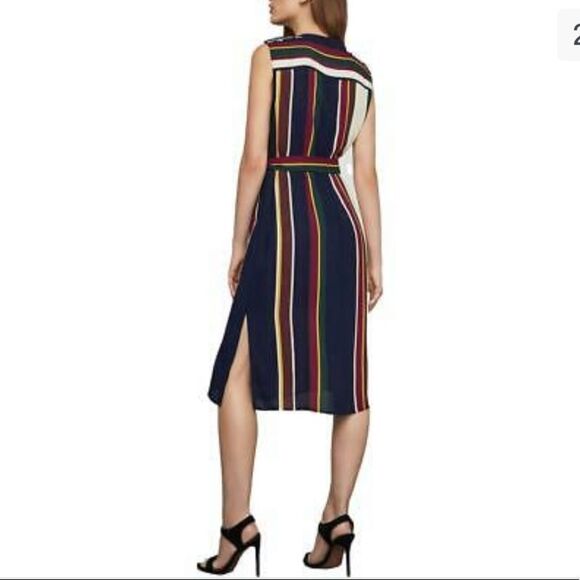 BCBGMAXAZRIA Sleeveless Striped Midi Knee Length Shirtdress Belt Navy Blue XXS - Picture 3 of 4